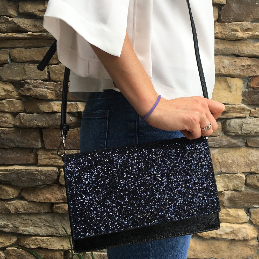 kate spade Navy Glitter Crossbody Clutch with Black Trim